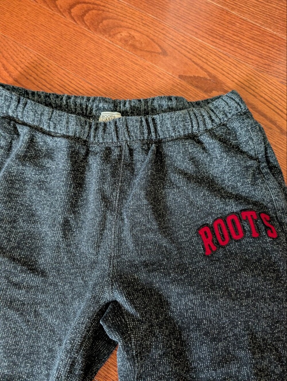 Roots Charcoal Speckled Sweatpants with Red 'ROOTS' Logo